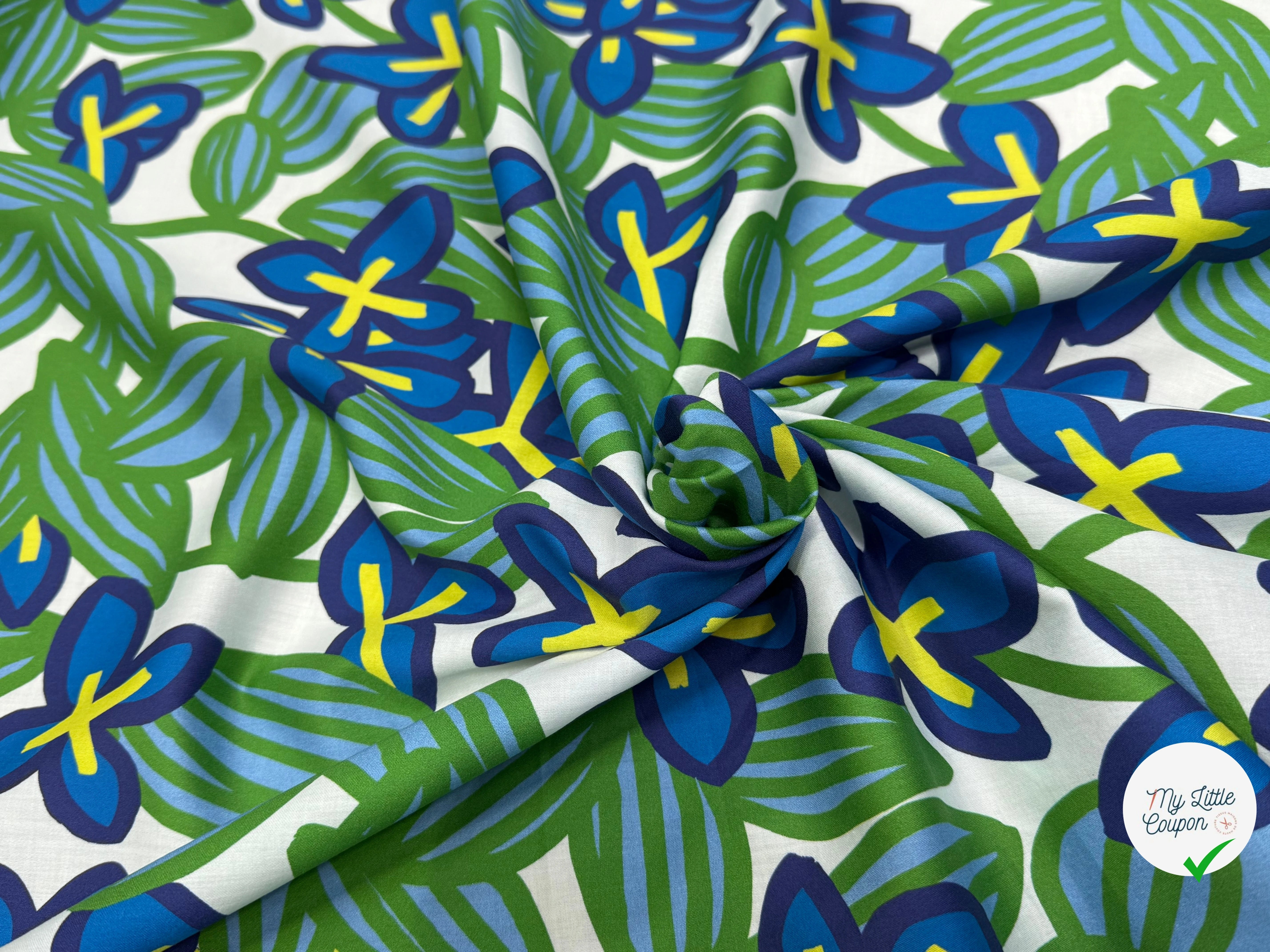 VOILE DE COTON NINFEA BOSQUET IMPRIMÉ FLORAL VERT/BLEU - My Little Coupon