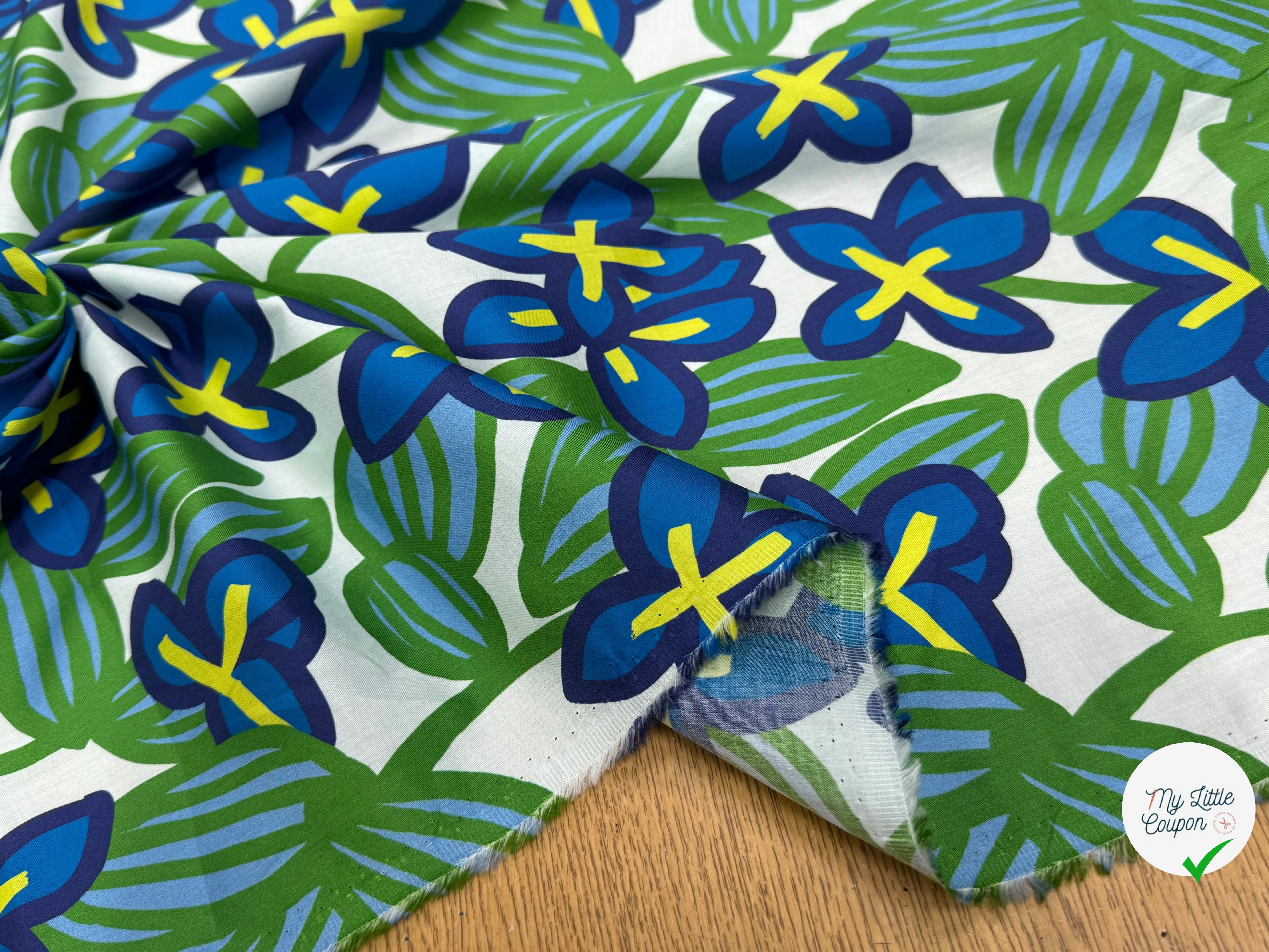 VOILE DE COTON NINFEA BOSQUET IMPRIMÉ FLORAL VERT/BLEU - My Little Coupon