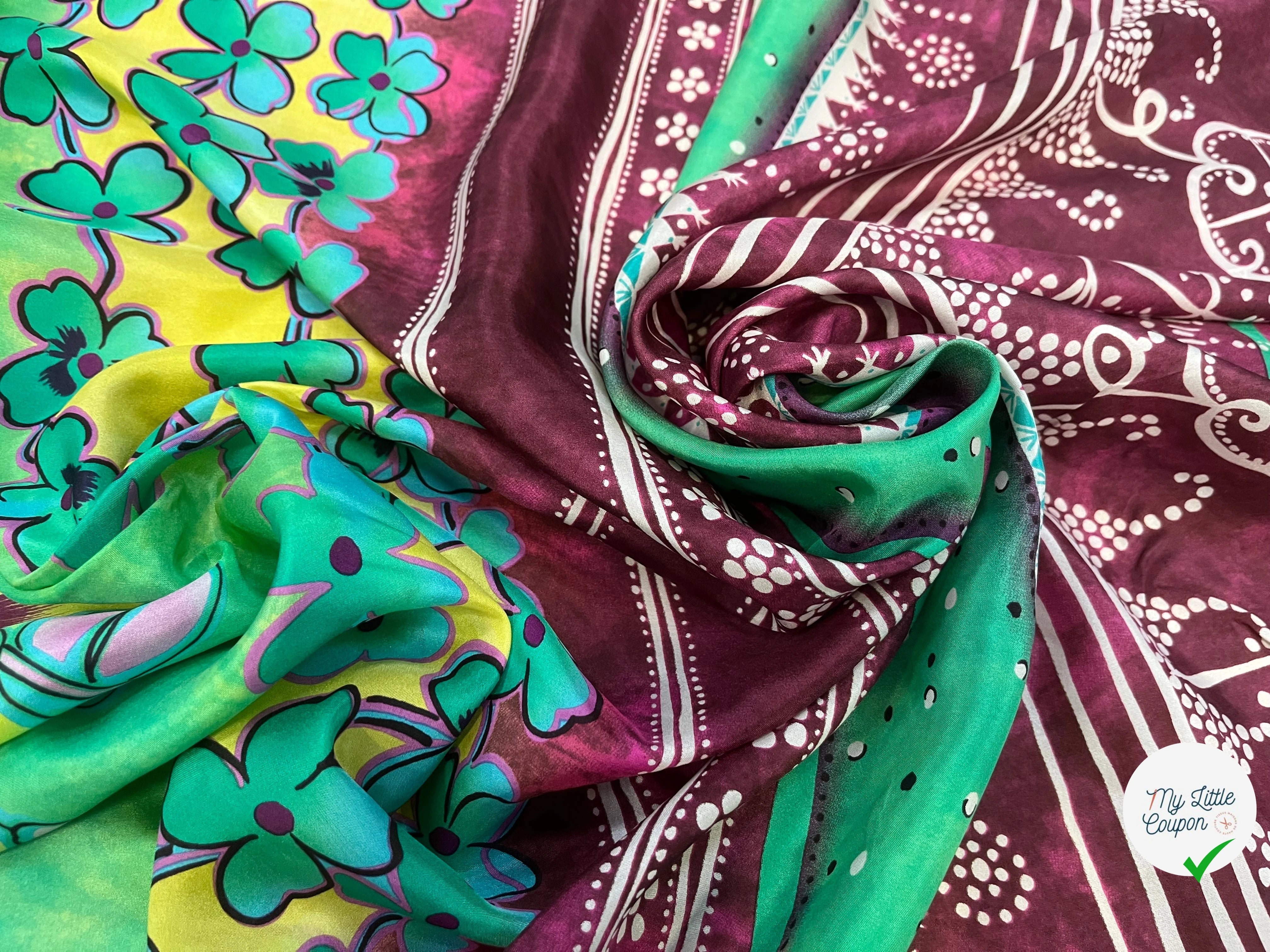 VOILE DE COTON SOIE SATINÉ  IMPRIMÉE JAUNE ET VIOLETTE ASSEZ TRANSPARENTE - My Little Coupon