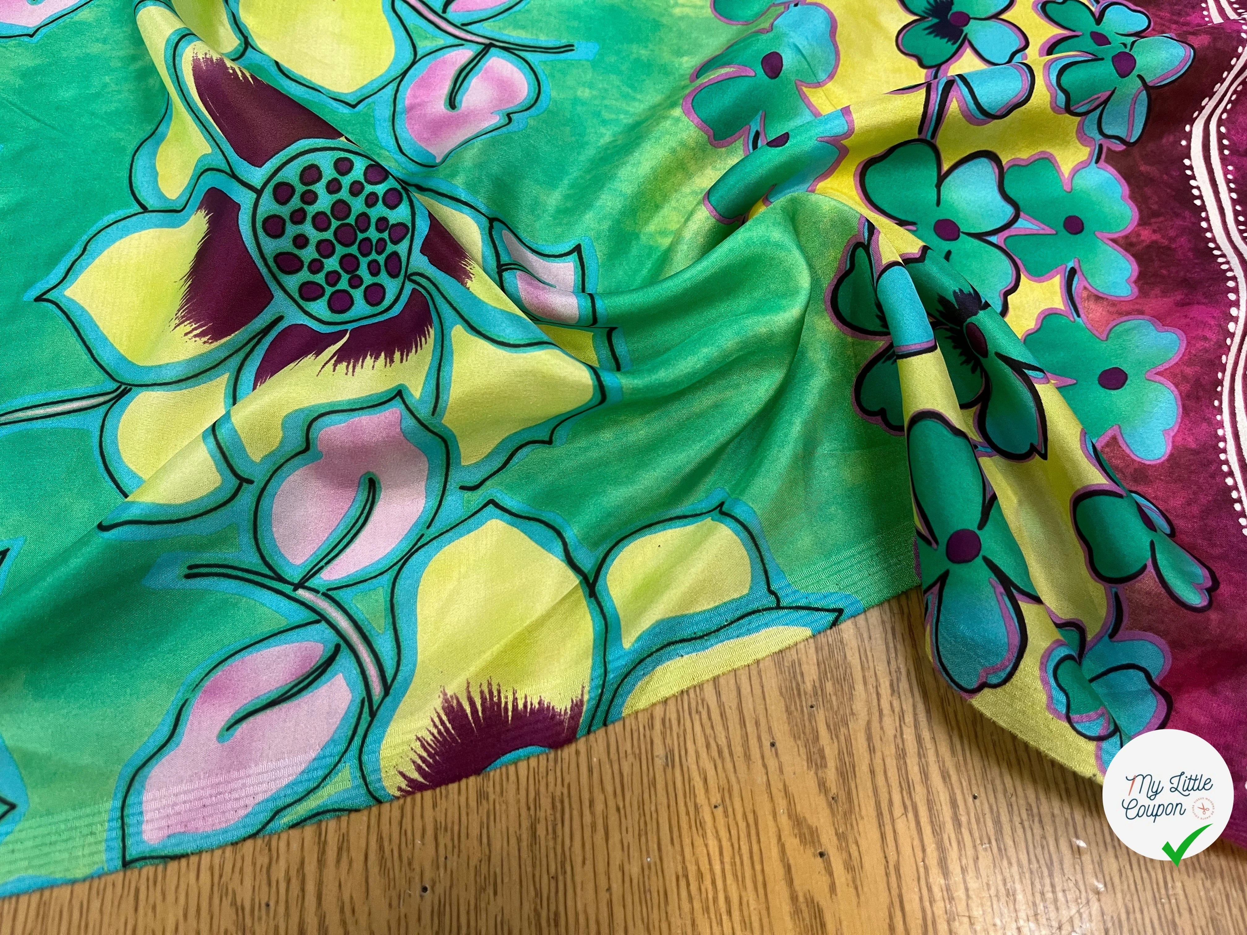 VOILE DE COTON SOIE SATINÉ  IMPRIMÉE JAUNE ET VIOLETTE ASSEZ TRANSPARENTE - My Little Coupon