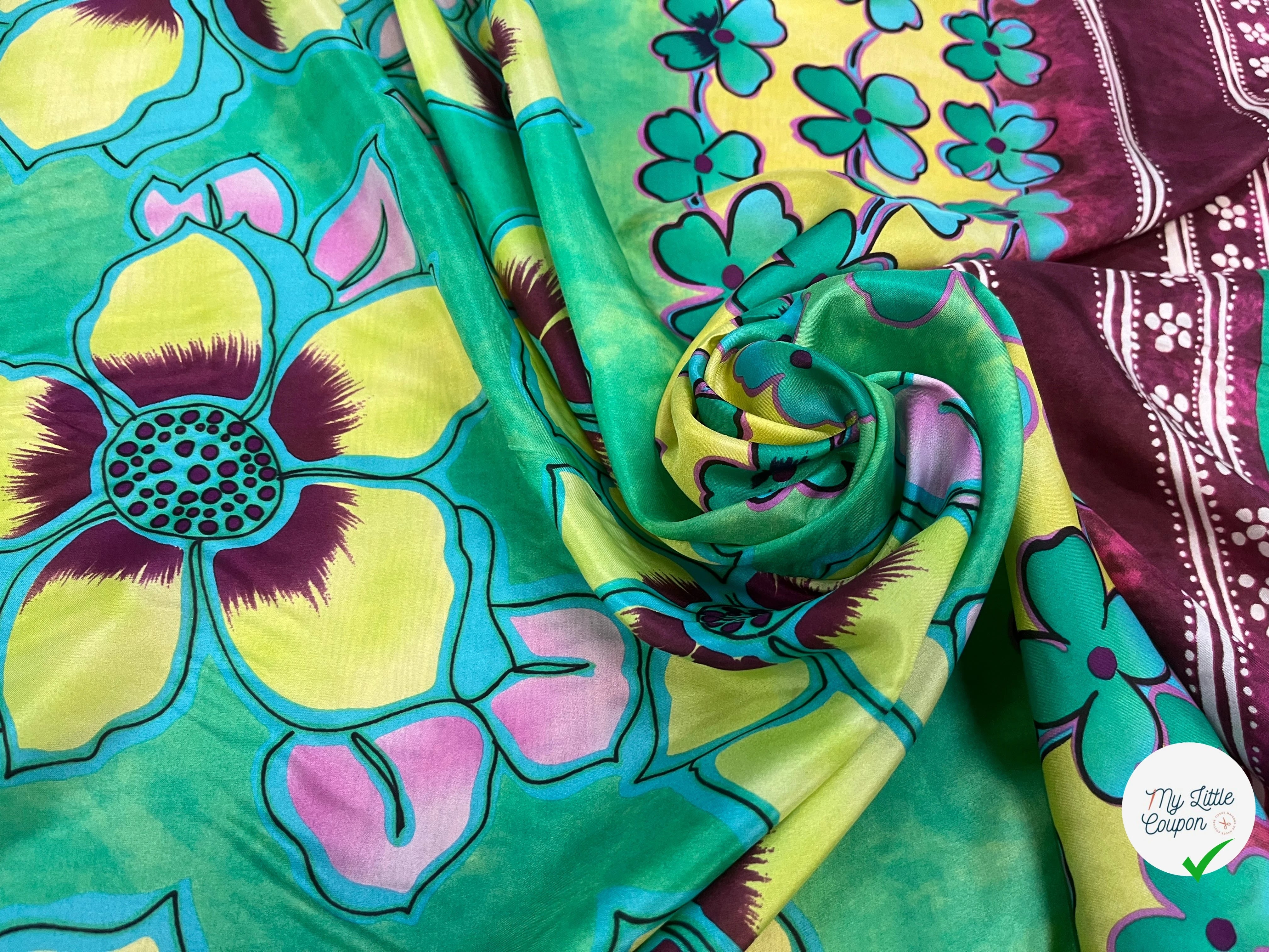 VOILE DE COTON SOIE SATINÉ  IMPRIMÉE JAUNE ET VIOLETTE ASSEZ TRANSPARENTE - My Little Coupon