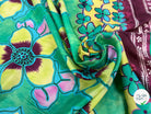 VOILE DE COTON SOIE SATINÉ  IMPRIMÉE JAUNE ET VIOLETTE ASSEZ TRANSPARENTE - My Little Coupon