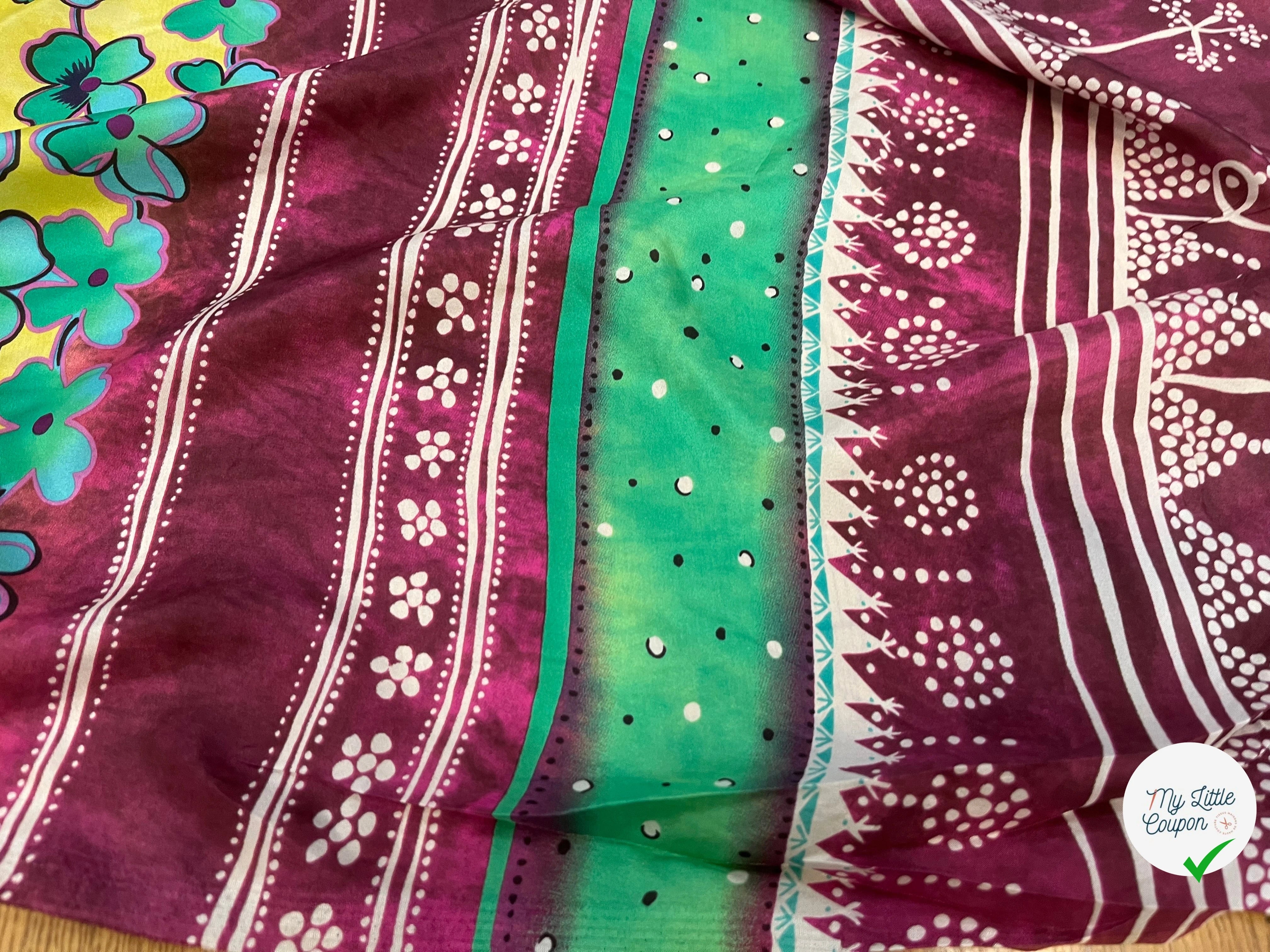 VOILE DE COTON SOIE SATINÉ  IMPRIMÉE JAUNE ET VIOLETTE ASSEZ TRANSPARENTE - My Little Coupon