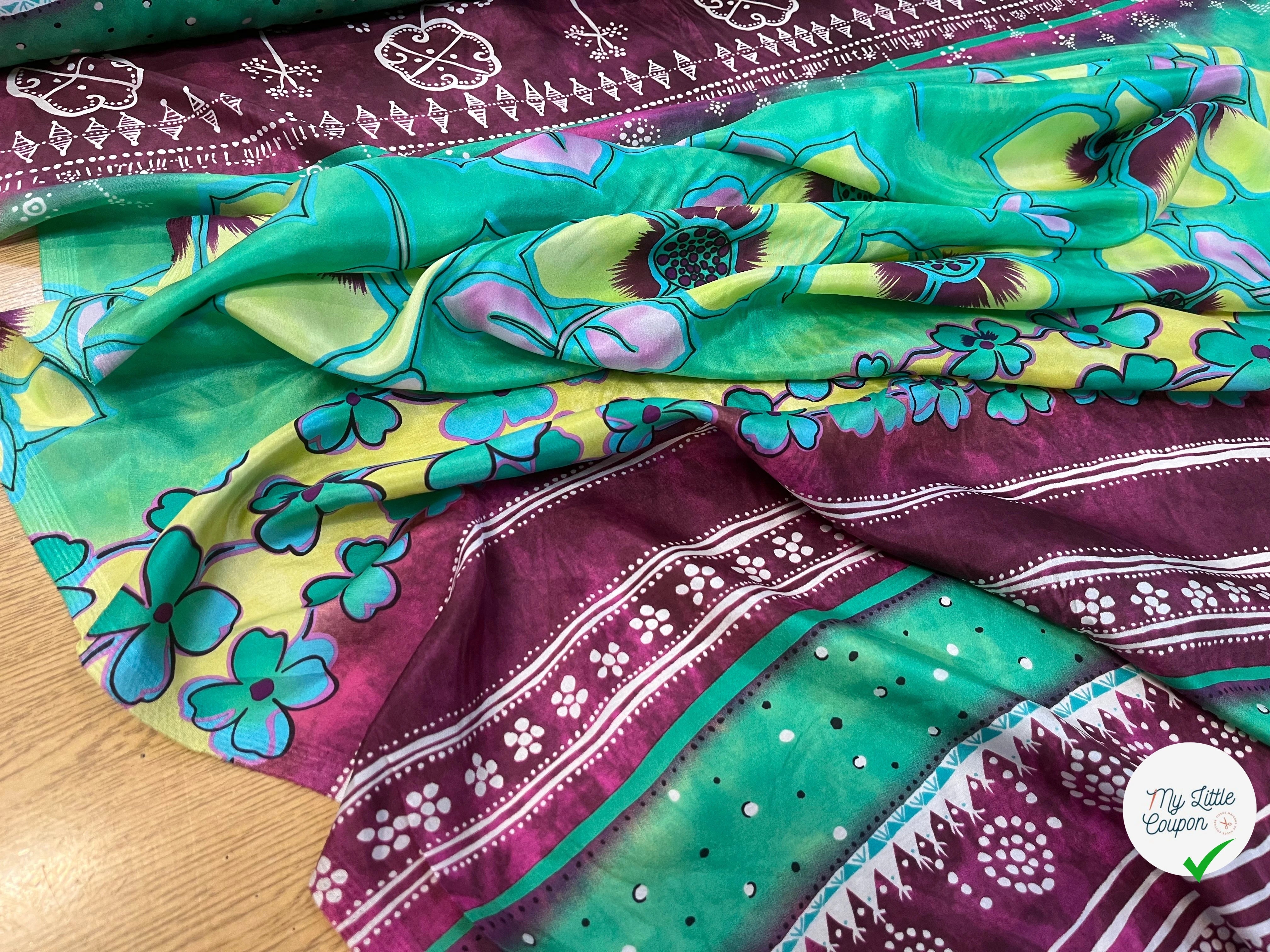 VOILE DE COTON SOIE SATINÉ  IMPRIMÉE JAUNE ET VIOLETTE ASSEZ TRANSPARENTE - My Little Coupon