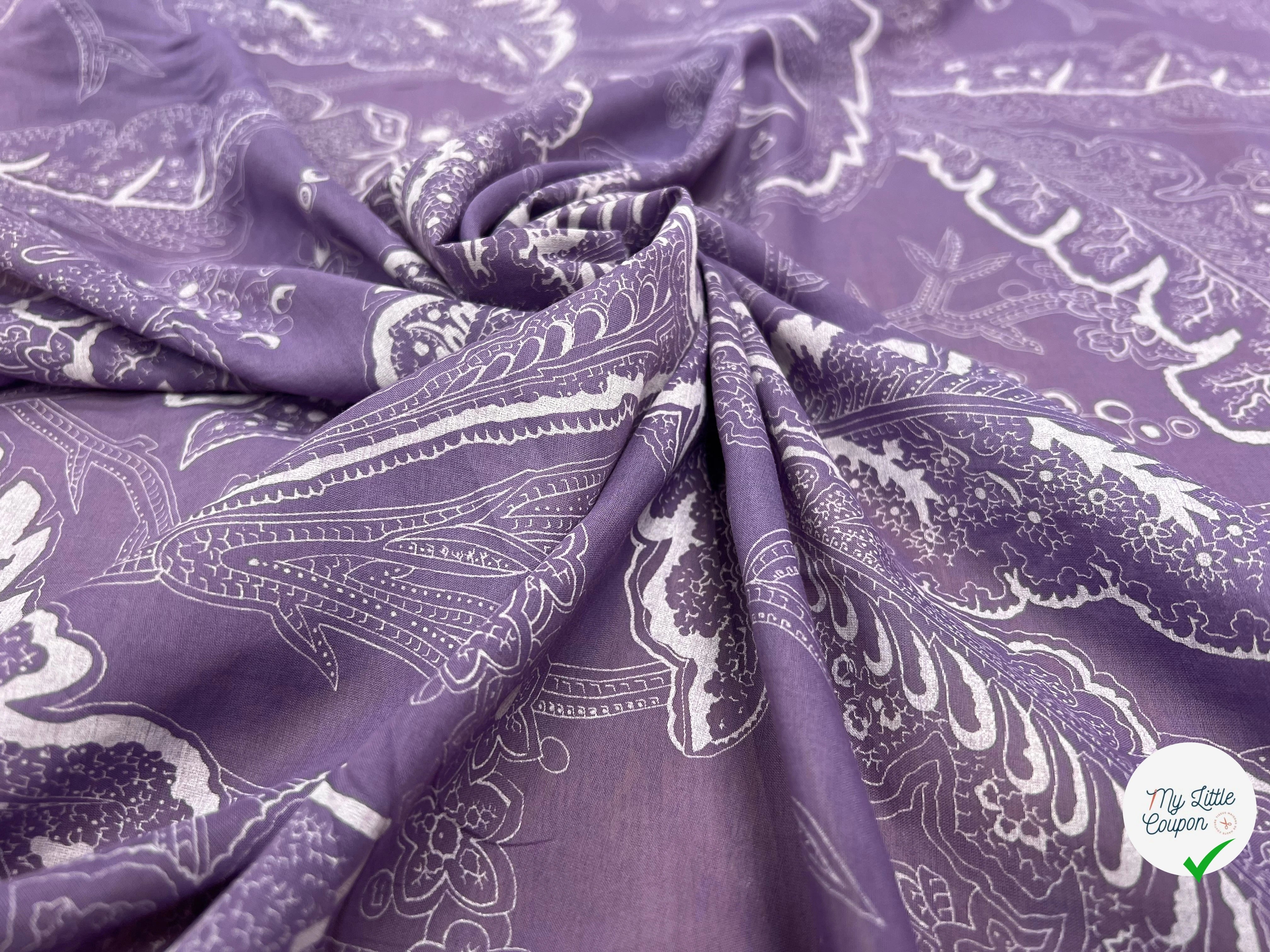 VOILE DE COTON VIOLET MOTIF FEUILLE BLANCHE - My Little Coupon