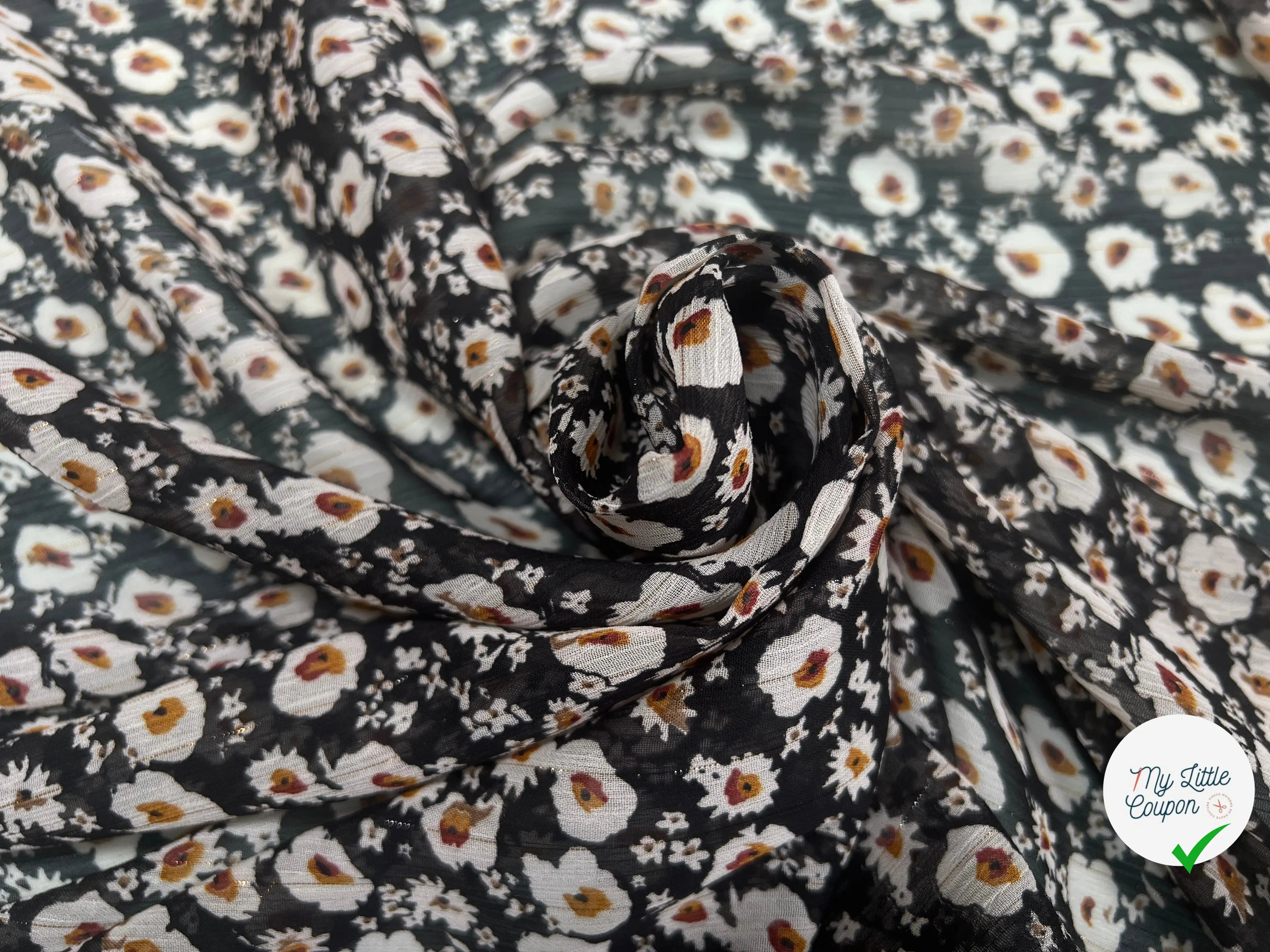 VOILE LUREX TESSUTO 100%PL FOND NOIR PETITES FLEURS BLANC - My Little Coupon