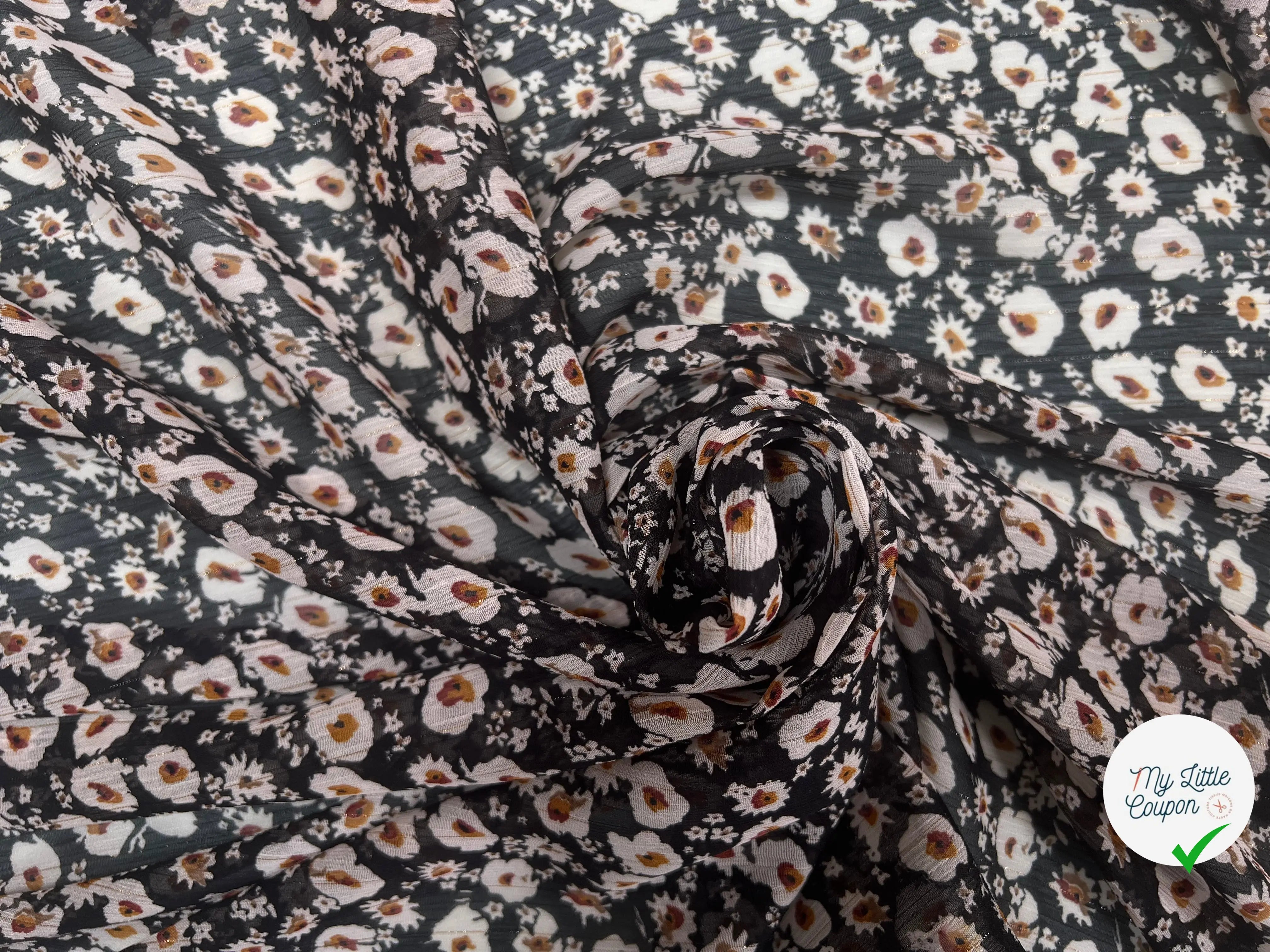 VOILE LUREX TESSUTO 100%PL FOND NOIR PETITES FLEURS BLANC - My Little Coupon