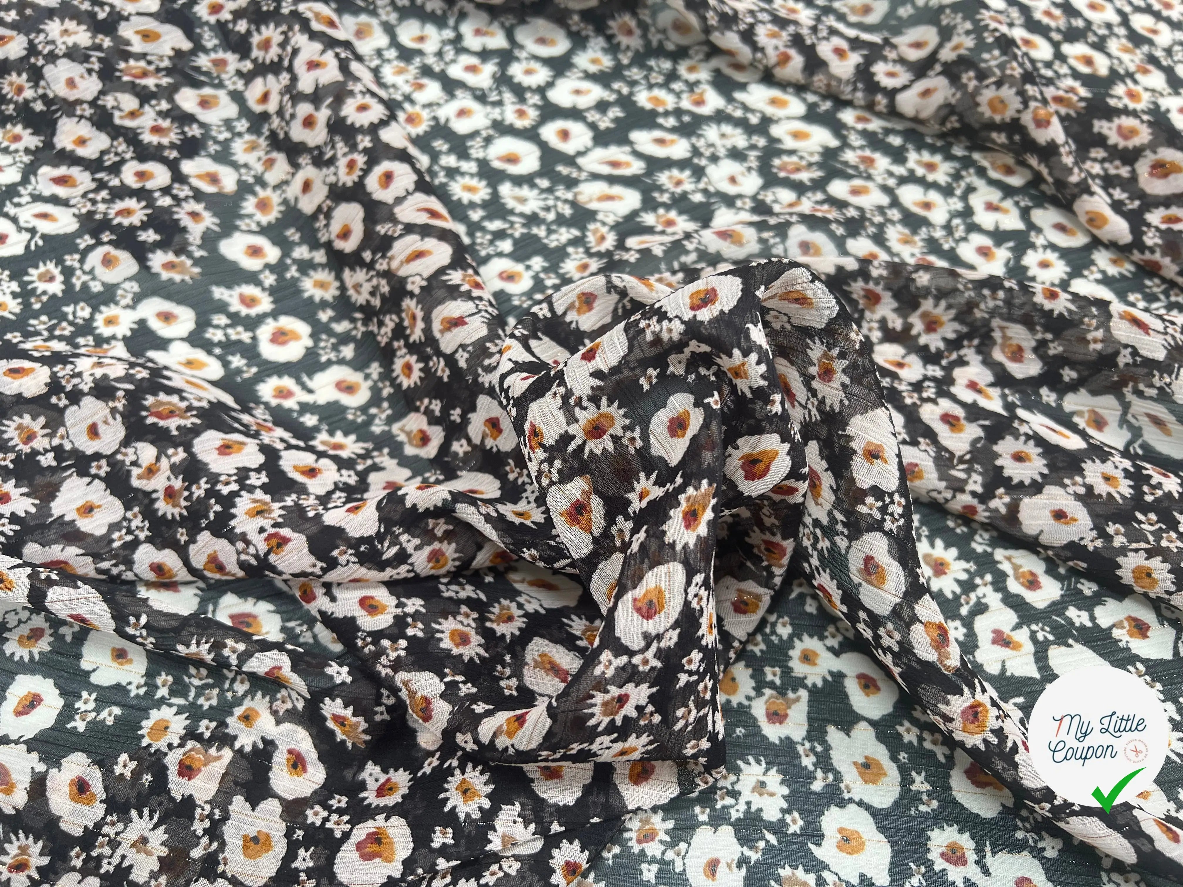 VOILE LUREX TESSUTO 100%PL FOND NOIR PETITES FLEURS BLANC - My Little Coupon