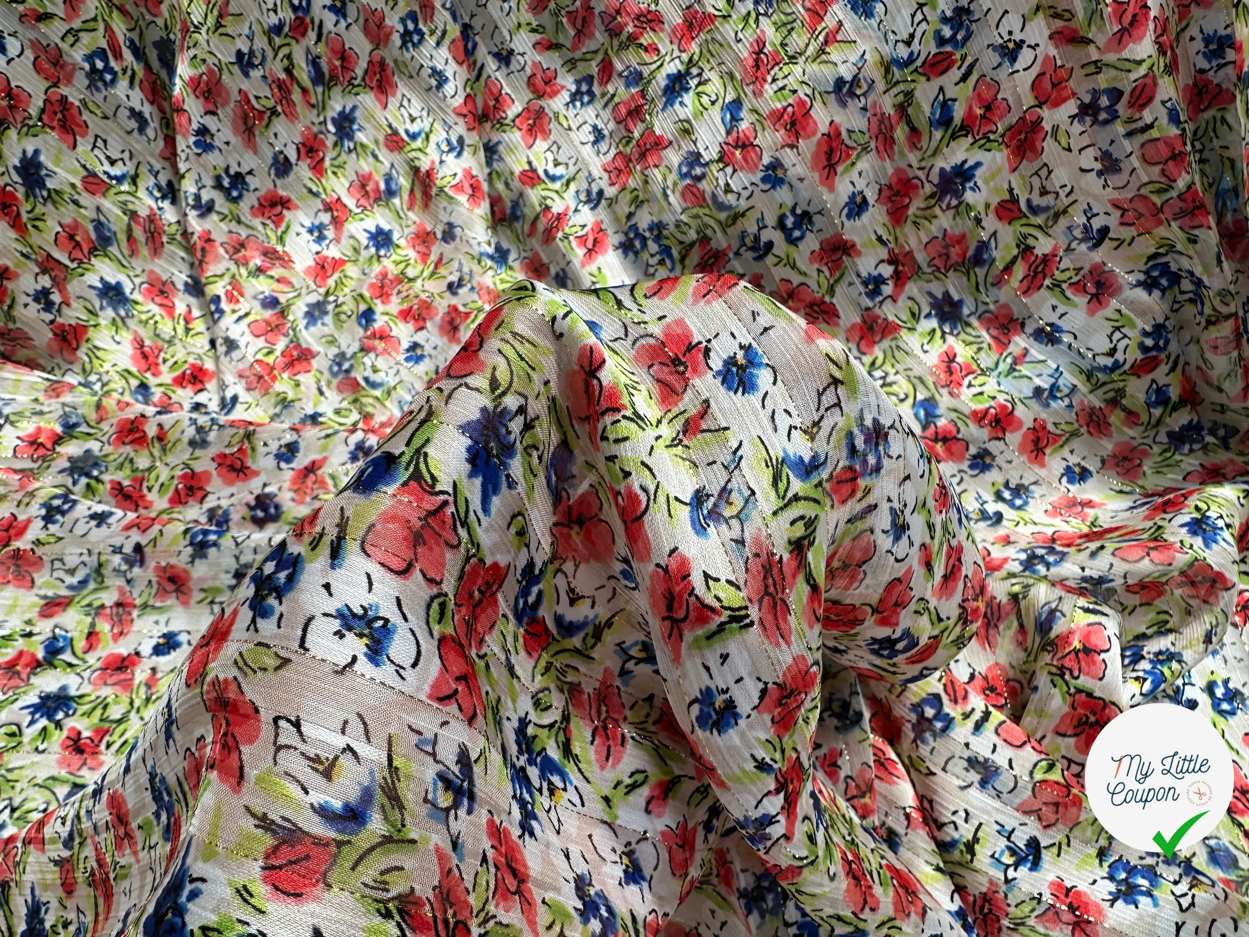 YORYU SATIN STRIPE IMPRIMÉ FLEURS FOND BLANC FINES RAYURES LUREX DORÉ MLC INTERN