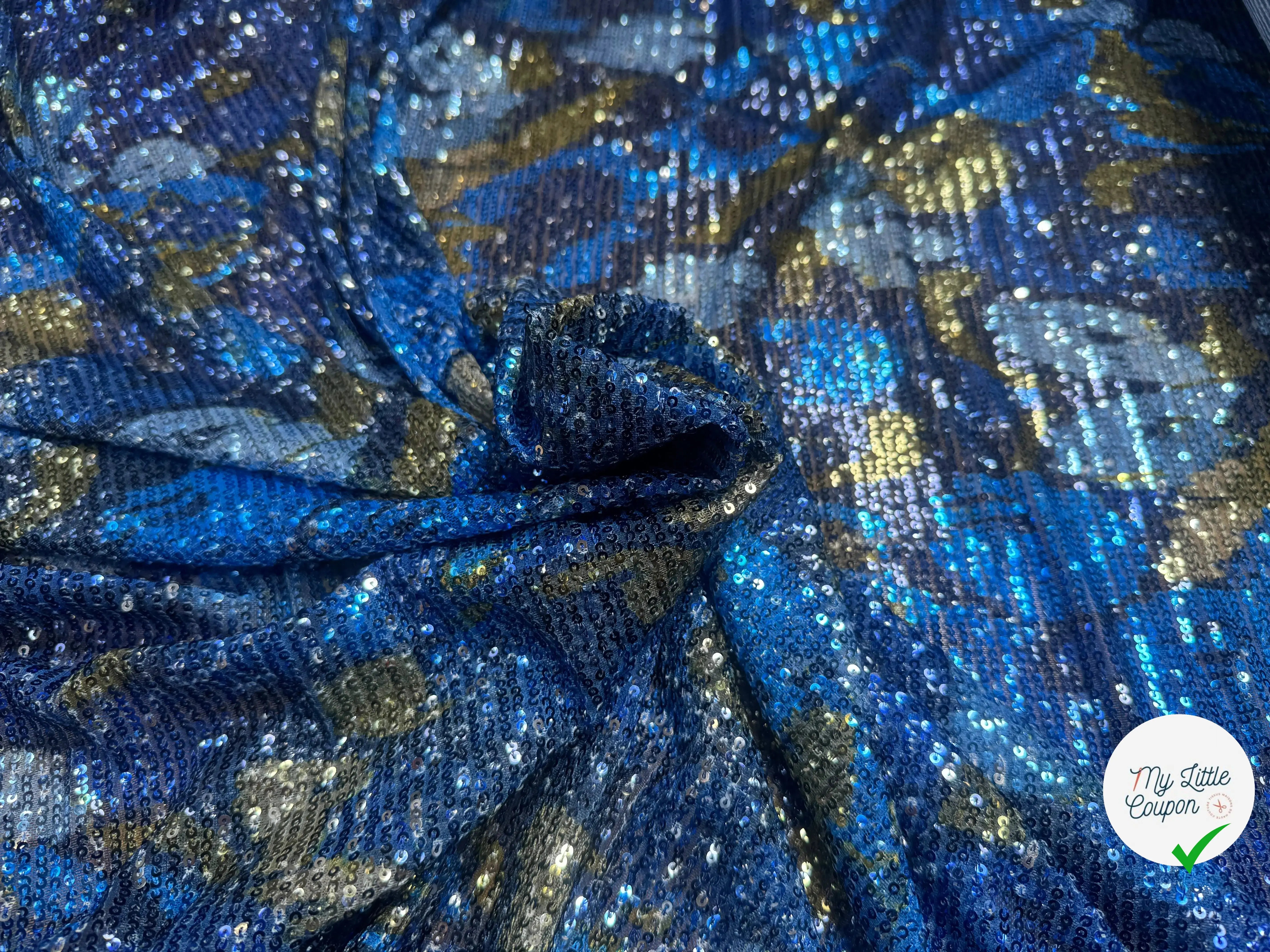 SEQUIN FOND BLEU FEUILLES GOLD & BLEU 5% EA - My Little Coupon