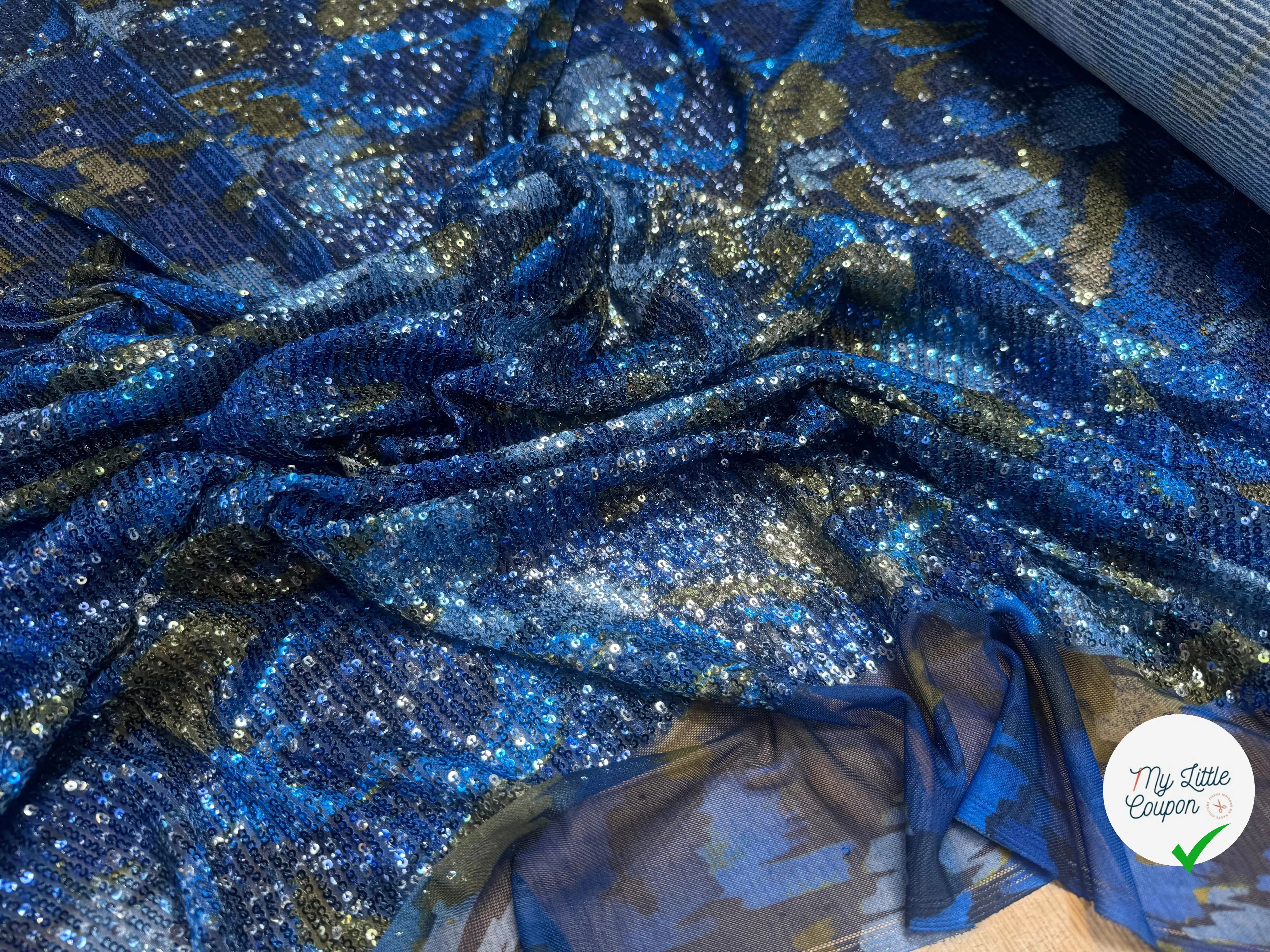 SEQUIN FOND BLEU FEUILLES GOLD & BLEU 5% EA - My Little Coupon