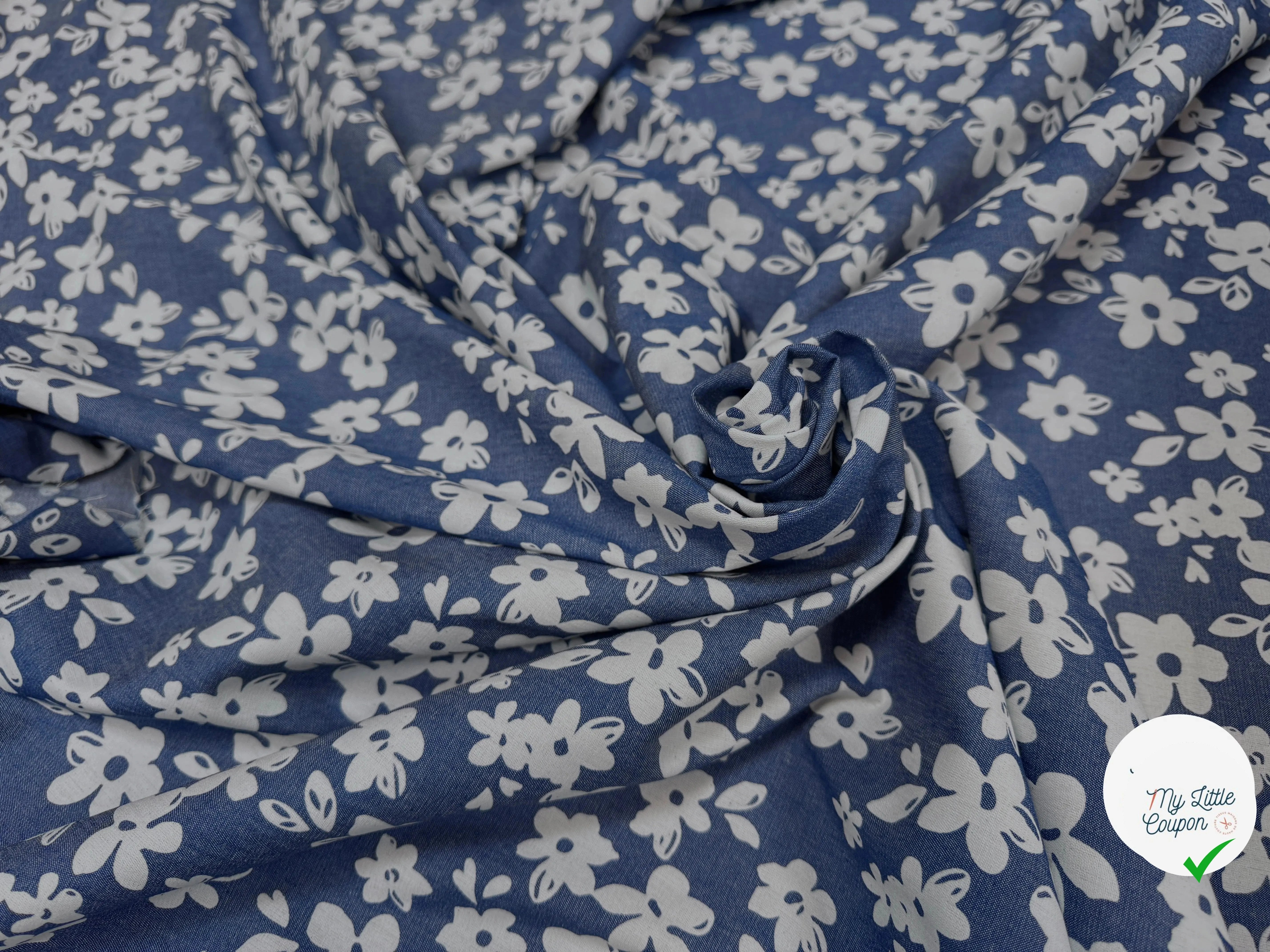 TOILE COTON FINE FAÇON DENIM FONCÉ FLOWER - My Little Coupon