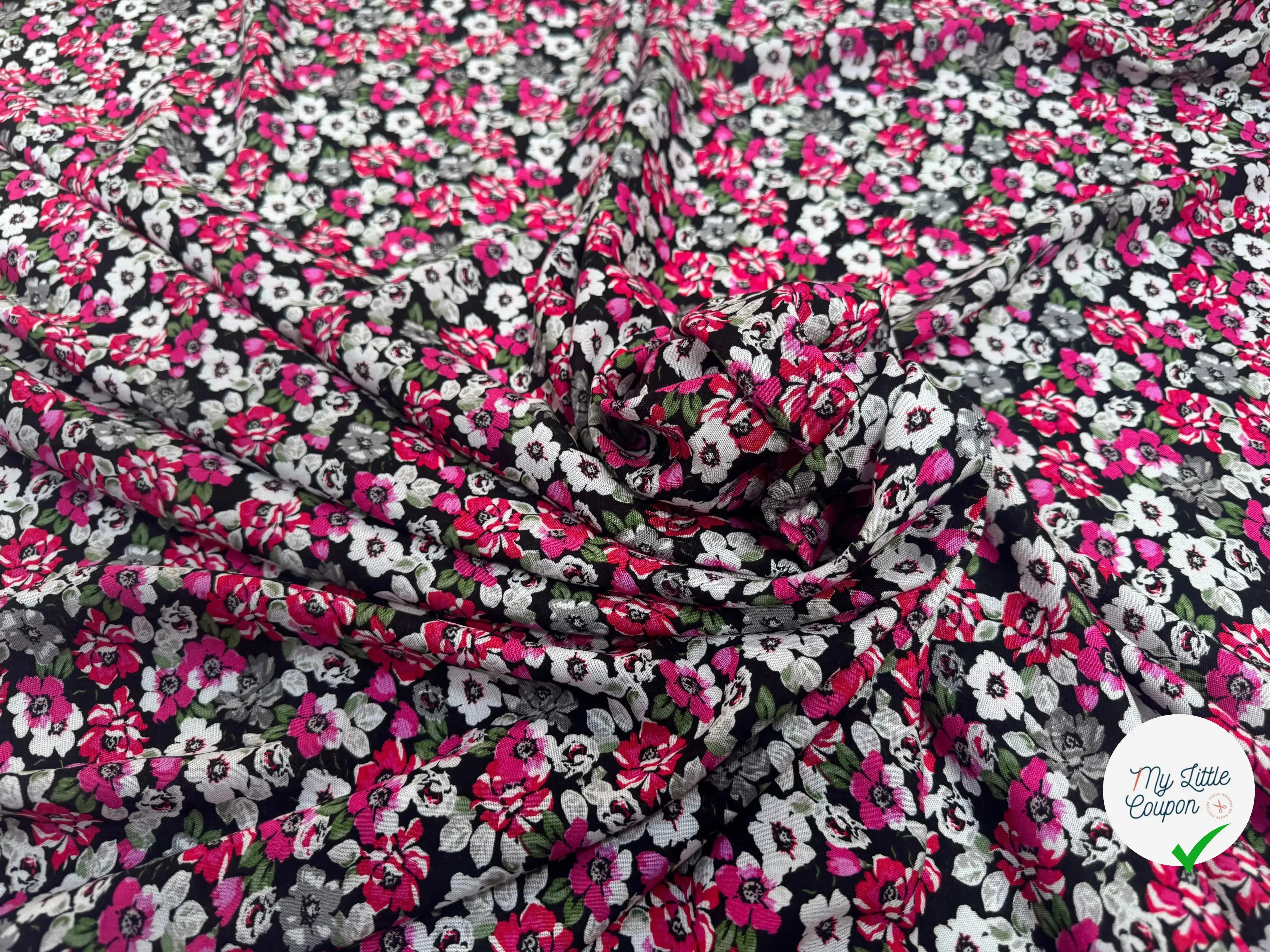 VISCOSE À MOTIFS FLORAUX ROSES ET GRISES - My Little Coupon