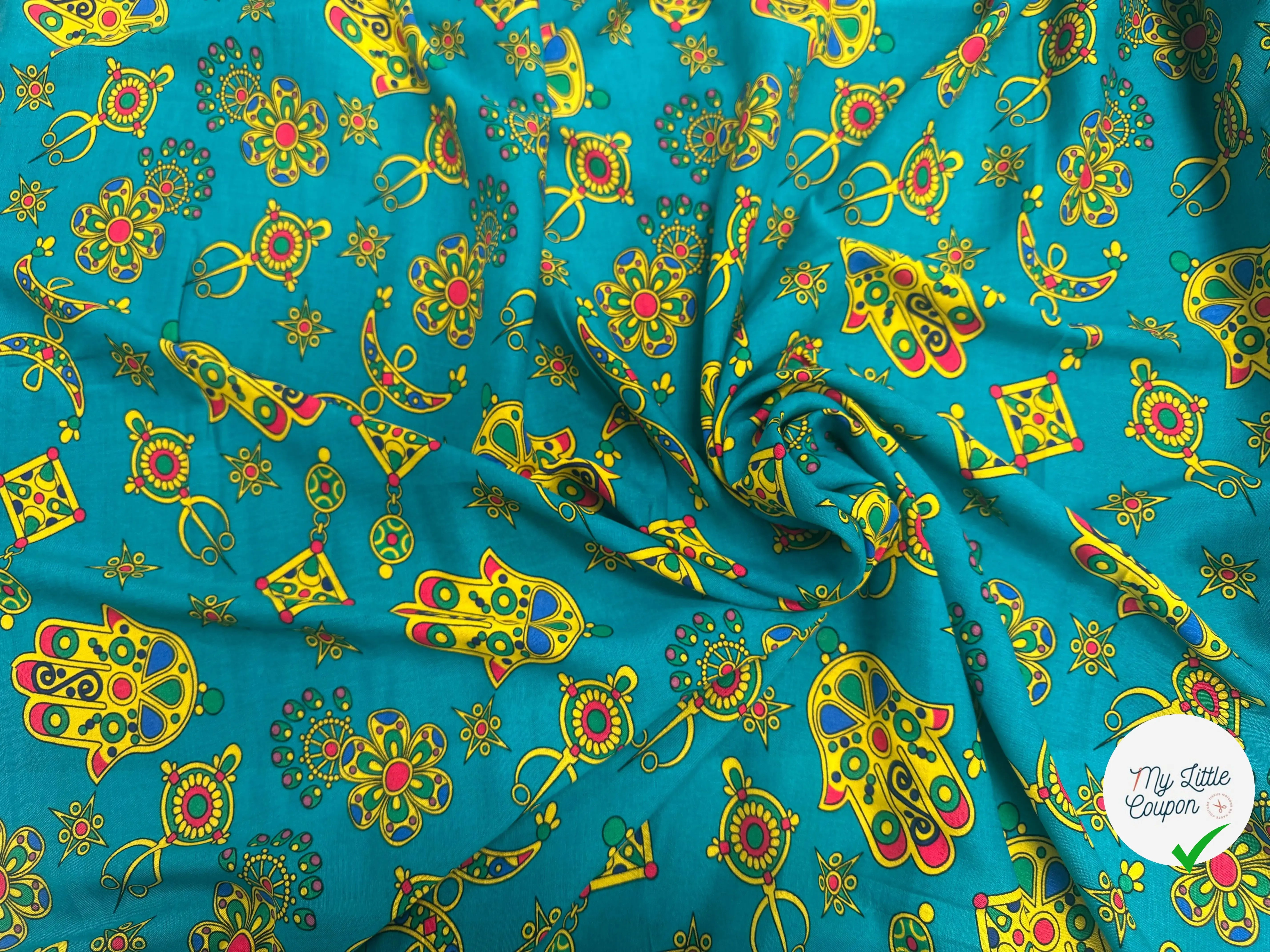 VISCOSE ARLEQUIN AVEC MOTIFS MAINS FOND EMEURAUDE - My Little Coupon