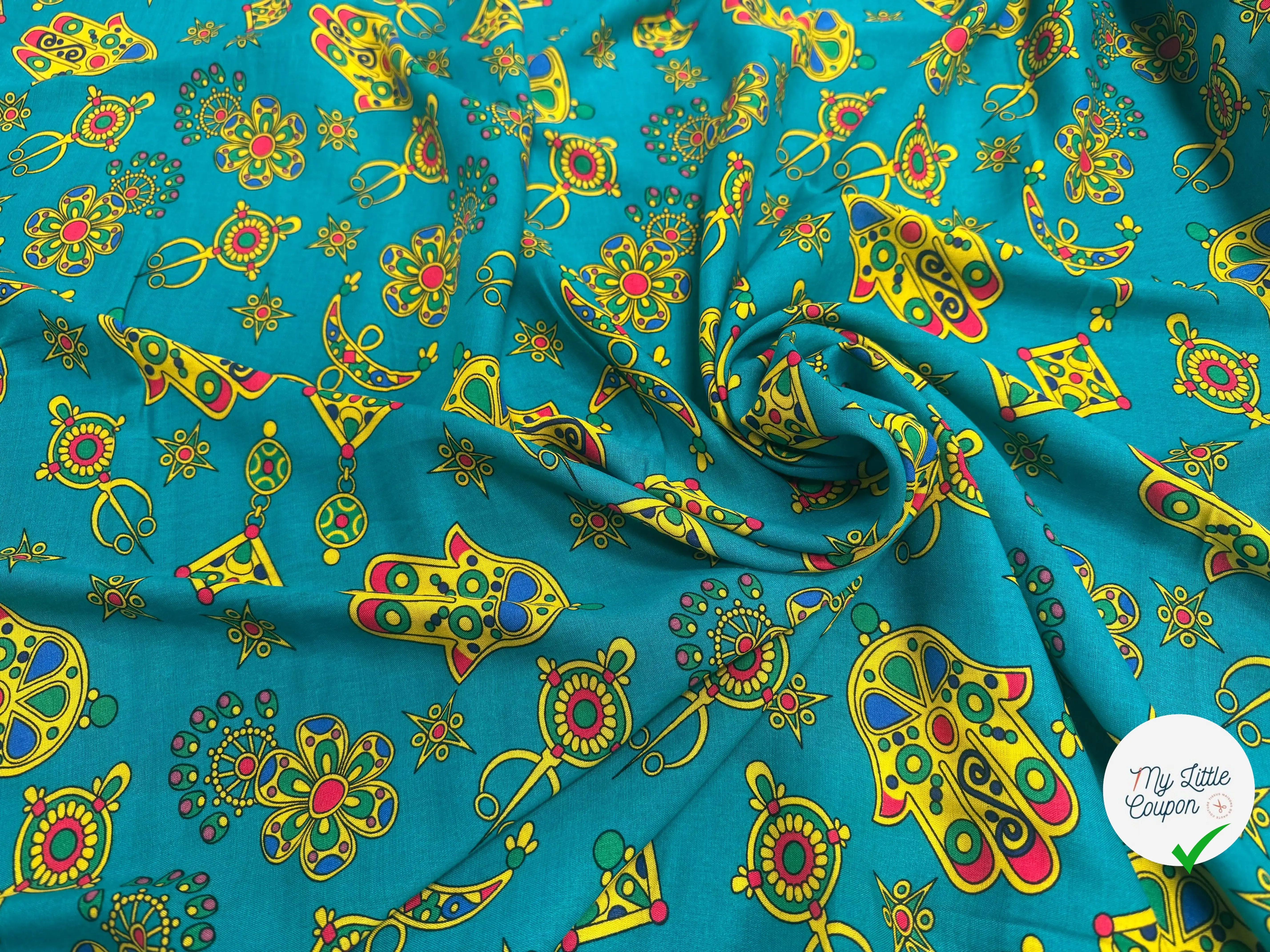 VISCOSE ARLEQUIN AVEC MOTIFS MAINS FOND EMEURAUDE - My Little Coupon