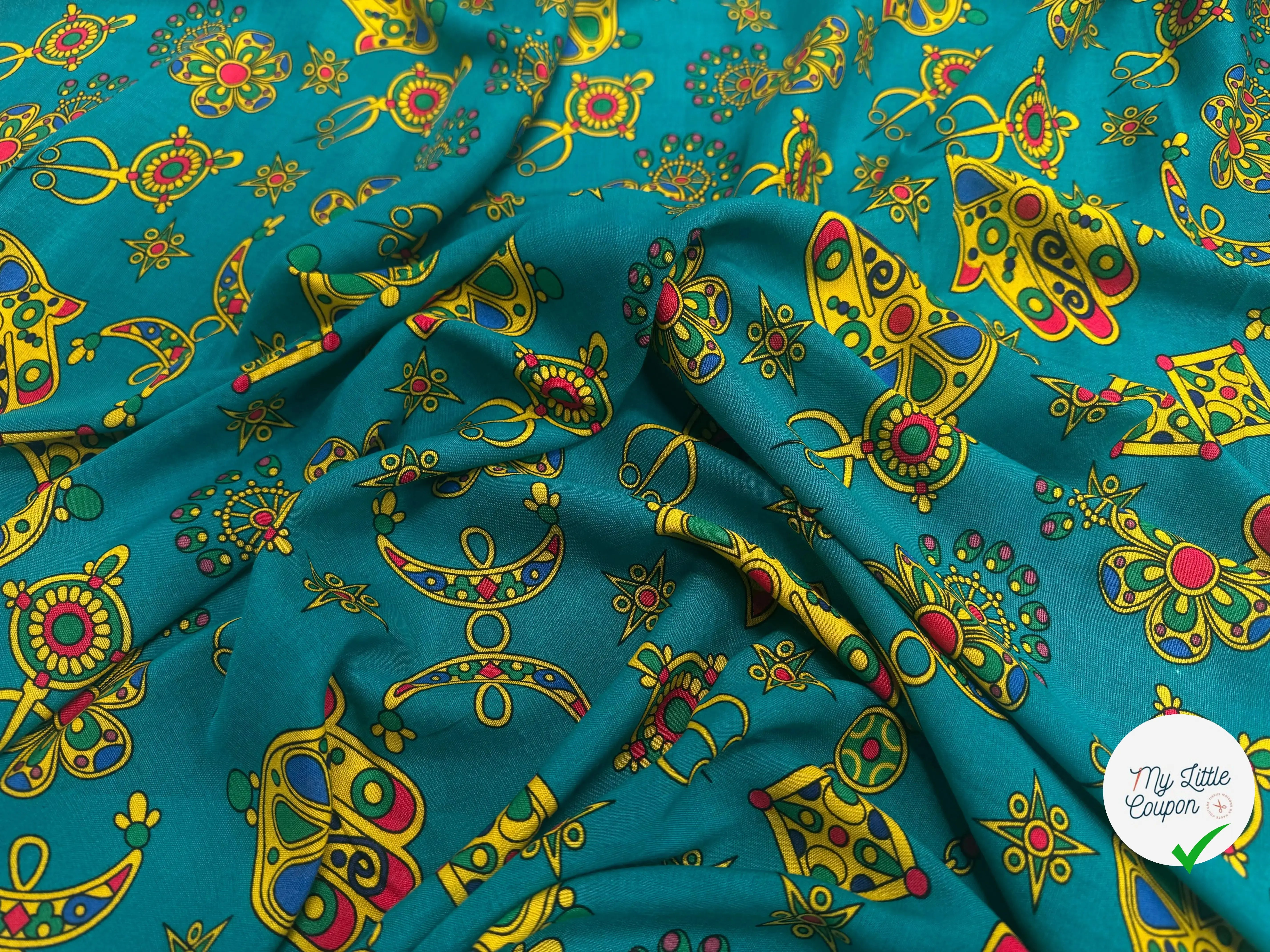 VISCOSE ARLEQUIN AVEC MOTIFS MAINS FOND EMEURAUDE - My Little Coupon